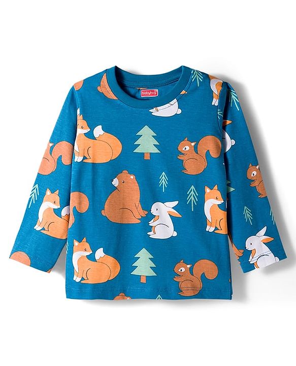 Babyhug Cotton Knit Full Sleeves Co-ords Night Suit With Animal Print - Blue