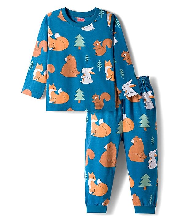 Babyhug Cotton Knit Full Sleeves Co-ords Night Suit With Animal Print - Blue