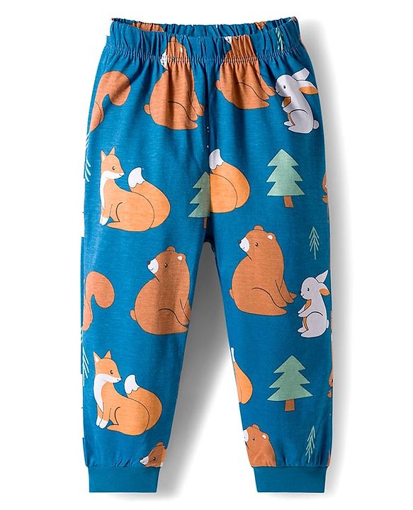 Babyhug Cotton Knit Full Sleeves Co-ords Night Suit With Animal Print - Blue