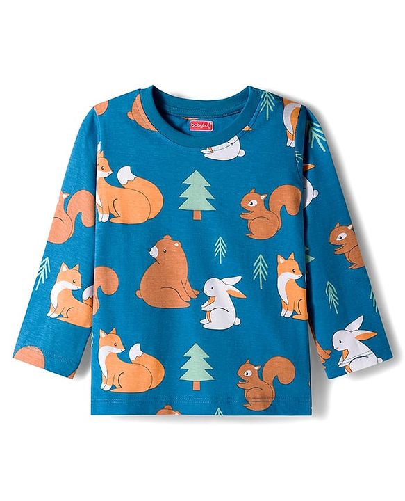 Babyhug Cotton Knit Full Sleeves Co-ords Night Suit With Animal Print - Blue