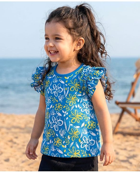 Babyhug Cotton Knit Frill Sleeves Top with Floral Print - Blue
