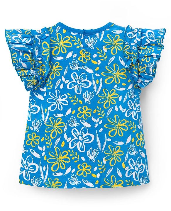 Babyhug Cotton Knit Frill Sleeves Top with Floral Print - Blue