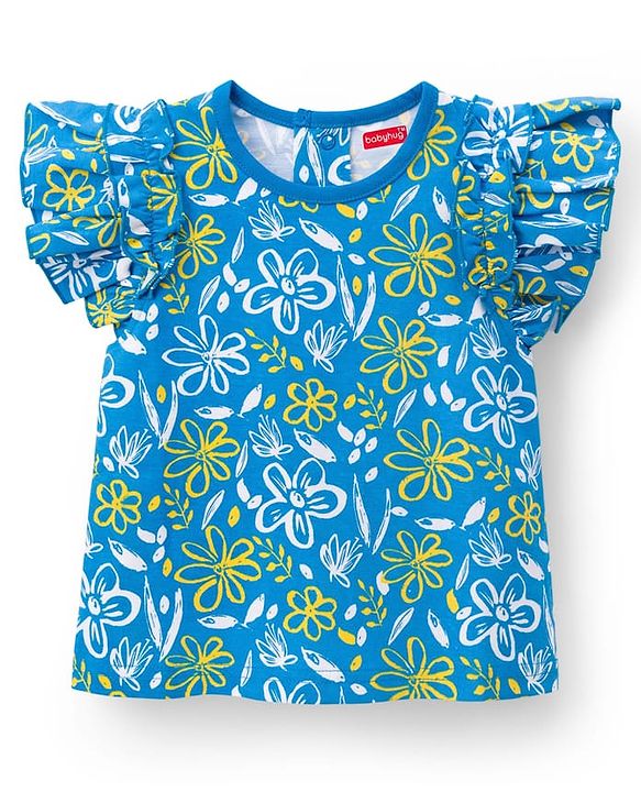 Babyhug Cotton Knit Frill Sleeves Top with Floral Print - Blue
