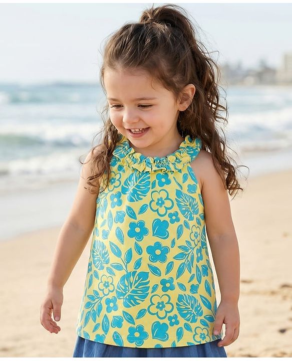 Babyhug Cotton Knit Sleeveless Top with Floral Print - Yellow