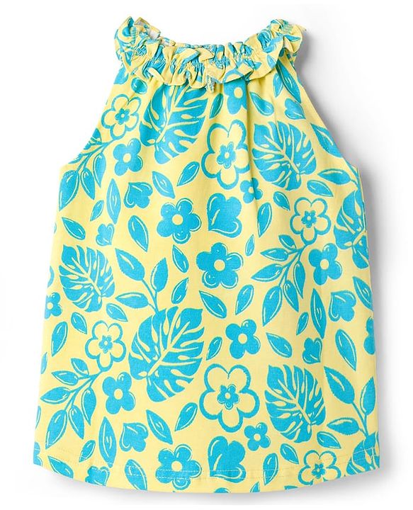 Babyhug Cotton Knit Sleeveless Top with Floral Print - Yellow