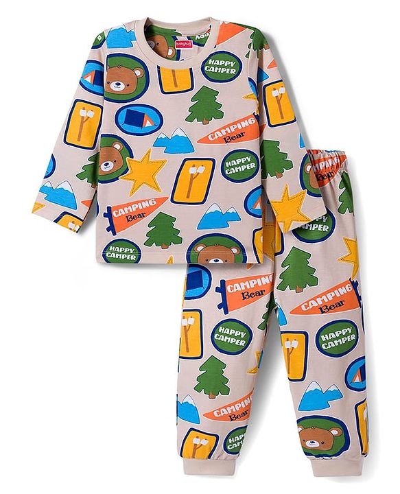 Babyhug Cotton Knit Full Sleeves Printed Co-ord Night Suit - Grey