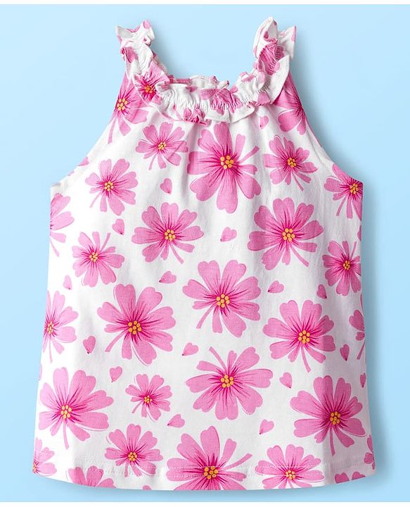 Babyhug Cotton Knit Sleeveless Top With Floral Print - White