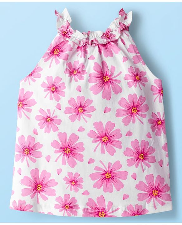 Babyhug Cotton Knit Sleeveless Top With Floral Print - White