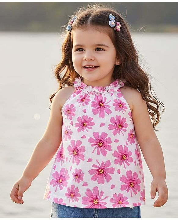 Babyhug Cotton Knit Sleeveless Top With Floral Print - White