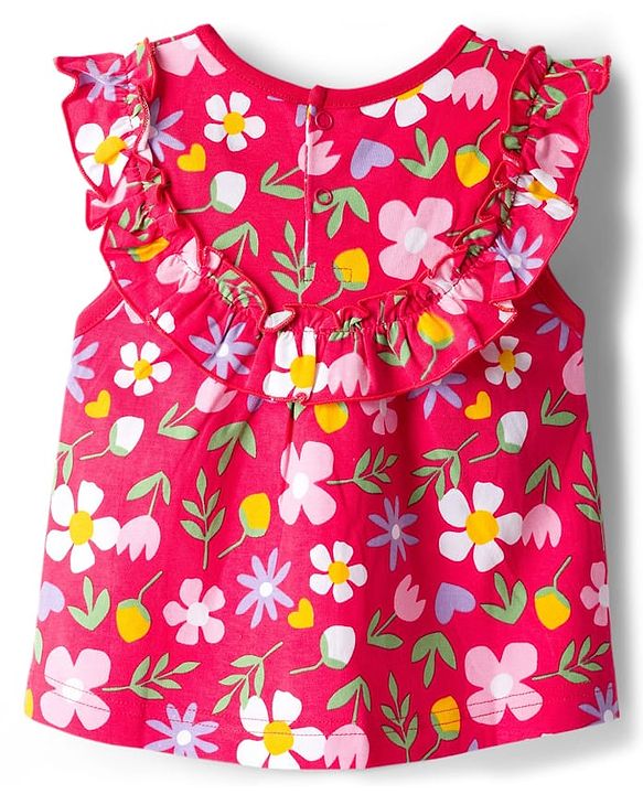 Babyhug Cotton Knit Sleeveless Top With Floral Print - Red