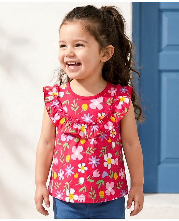 Babyhug Cotton Knit Sleeveless Top With Floral Print - Red