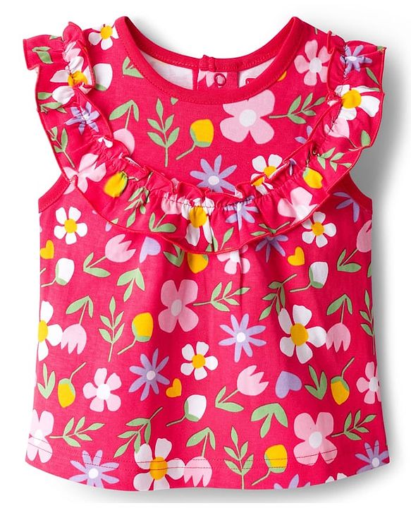 Babyhug Cotton Knit Sleeveless Top With Floral Print - Red