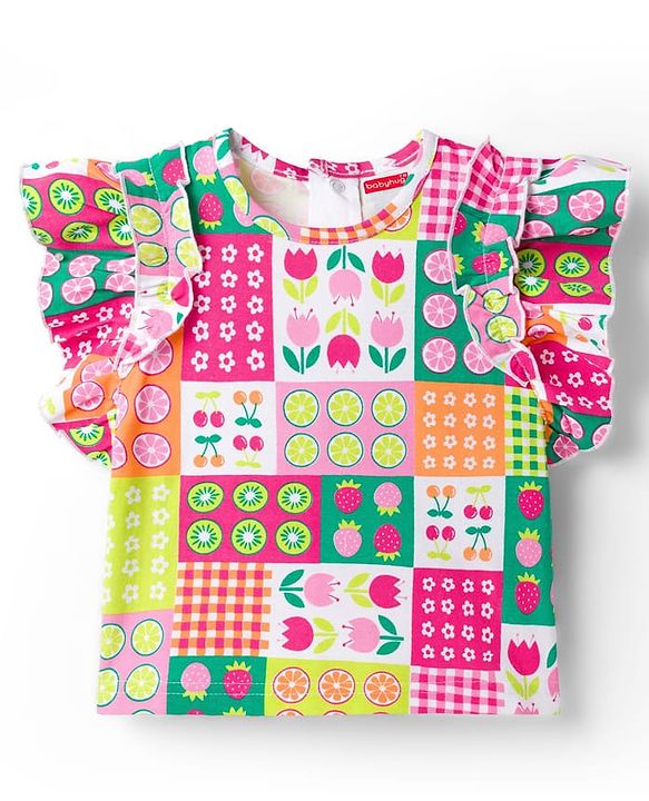 Babyhug Cotton Knit Frill Sleeves Top with Tropical Theme Print - Multicolor