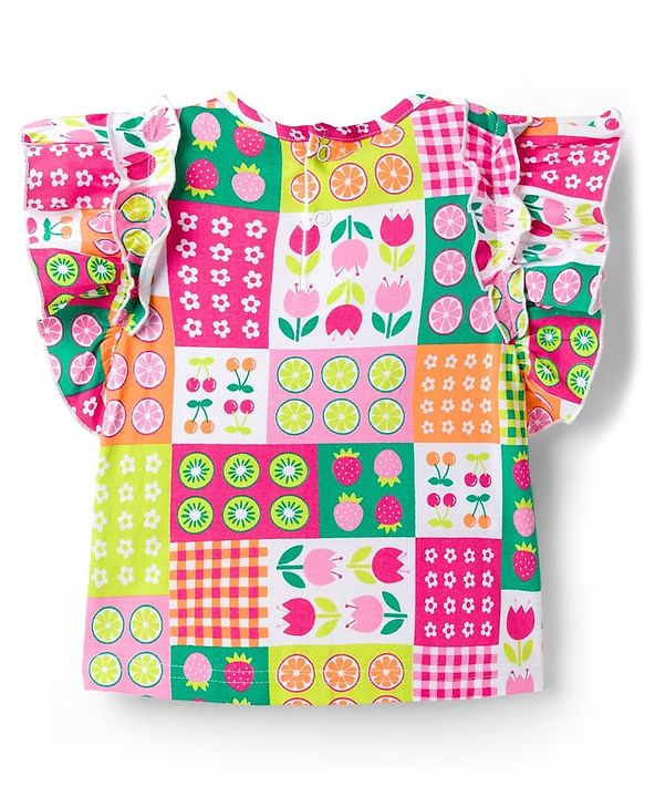 Babyhug Cotton Knit Frill Sleeves Top with Tropical Theme Print - Multicolor