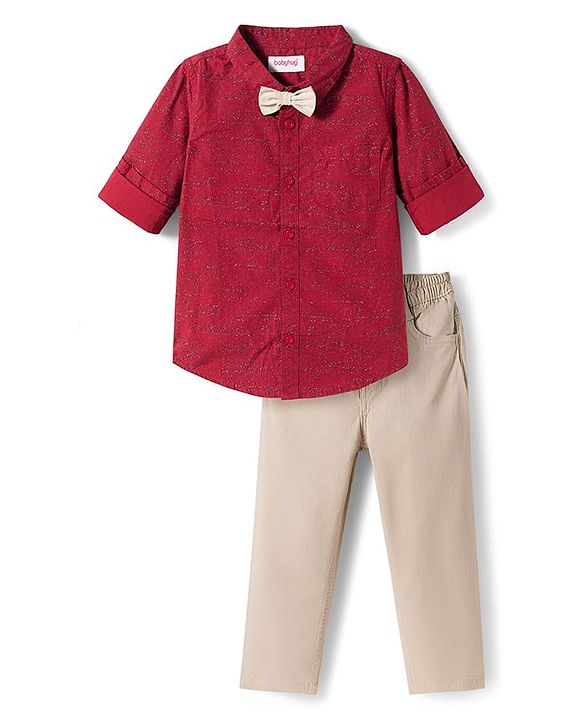 Babyhug Cotton Woven Full Sleeves Printed Shirt & Trouser Set with Bow - Maroon & Beige