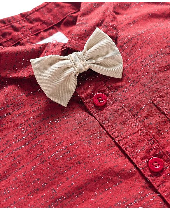Babyhug Cotton Woven Full Sleeves Printed Shirt & Trouser Set with Bow - Maroon & Beige