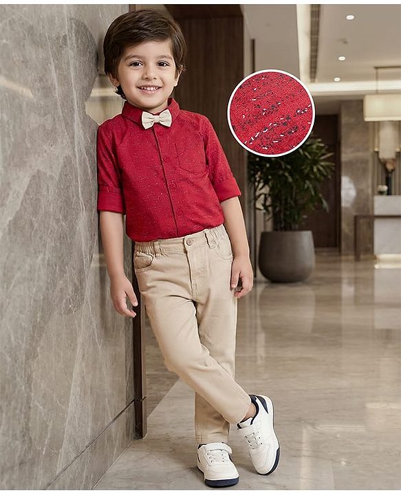 Babyhug Cotton Woven Full Sleeves Printed Shirt & Trouser Set with Bow - Maroon & Beige