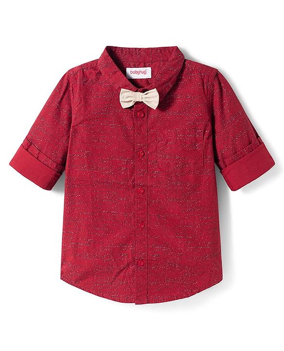 Babyhug Cotton Woven Full Sleeves Printed Shirt & Trouser Set with Bow - Maroon & Beige
