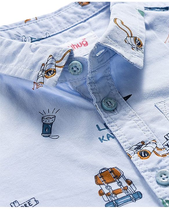 Babyhug Cotton Woven Half Sleeves Camping Printed Shirt & Denim Shorts Set - Blue