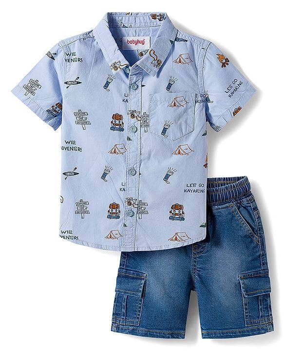 Babyhug Cotton Woven Half Sleeves Camping Printed Shirt & Denim Shorts Set - Blue