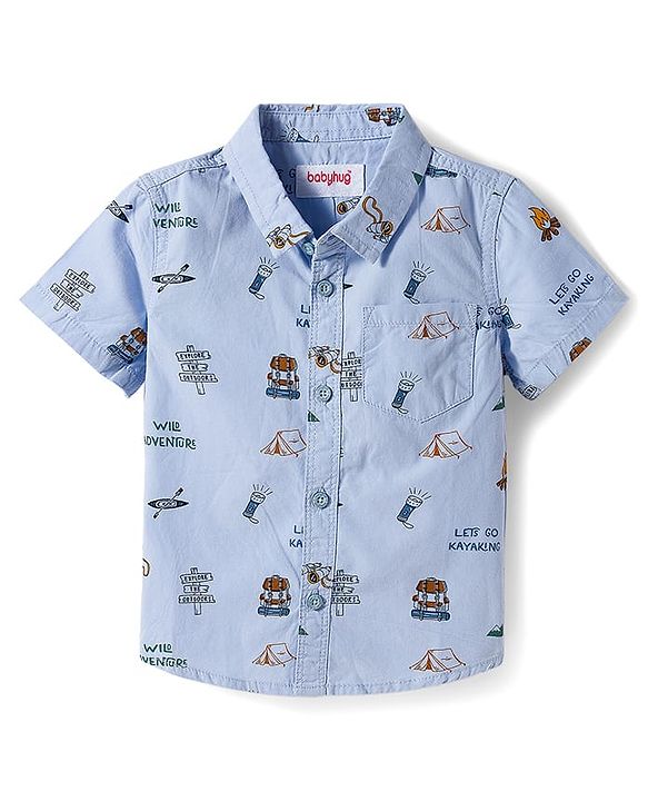 Babyhug Cotton Woven Half Sleeves Camping Printed Shirt & Denim Shorts Set - Blue
