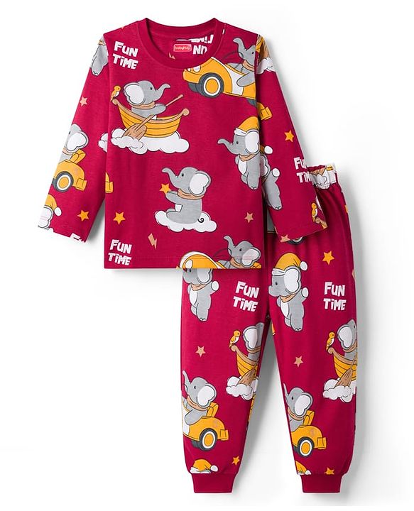 Babyhug Cotton Knit Full Sleeves T-Shirt & Pyjama Co-ord Night Suit With Elephant Print - Maroon