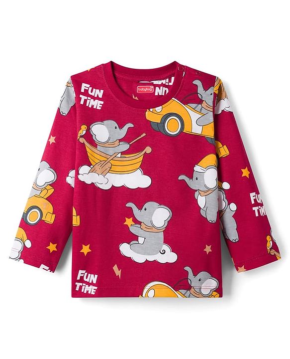 Babyhug Cotton Knit Full Sleeves T-Shirt & Pyjama Co-ord Night Suit With Elephant Print - Maroon