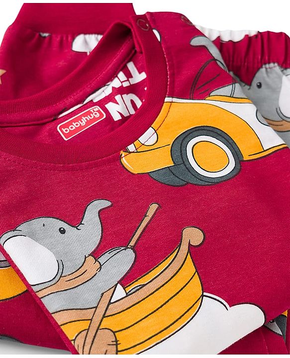 Babyhug Cotton Knit Full Sleeves T-Shirt & Pyjama Co-ord Night Suit With Elephant Print - Maroon