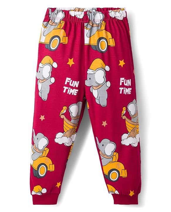 Babyhug Cotton Knit Full Sleeves T-Shirt & Pyjama Co-ord Night Suit With Elephant Print - Maroon