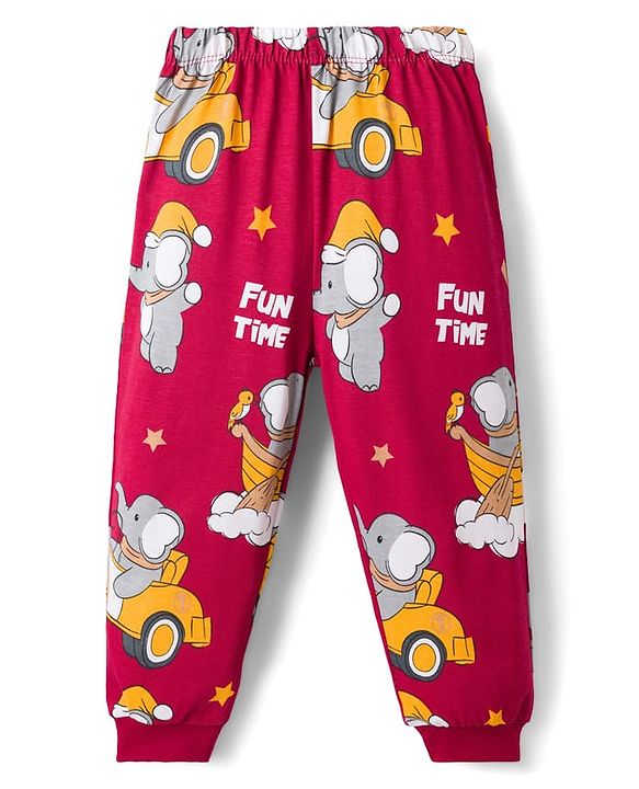 Babyhug Cotton Knit Full Sleeves T-Shirt & Pyjama Co-ord Night Suit With Elephant Print - Maroon