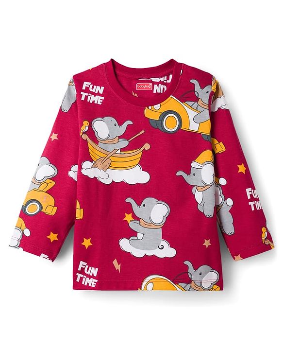 Babyhug Cotton Knit Full Sleeves T-Shirt & Pyjama Co-ord Night Suit With Elephant Print - Maroon