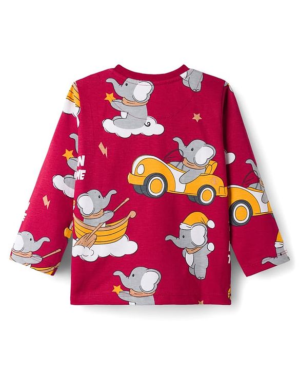 Babyhug Cotton Knit Full Sleeves T-Shirt & Pyjama Co-ord Night Suit With Elephant Print - Maroon