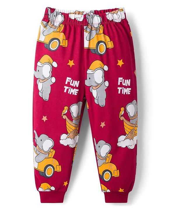 Babyhug Cotton Knit Full Sleeves T-Shirt & Pyjama Co-ord Night Suit With Elephant Print - Maroon