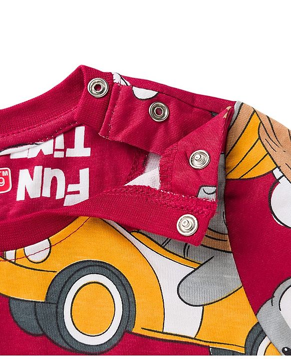 Babyhug Cotton Knit Full Sleeves T-Shirt & Pyjama Co-ord Night Suit With Elephant Print - Maroon
