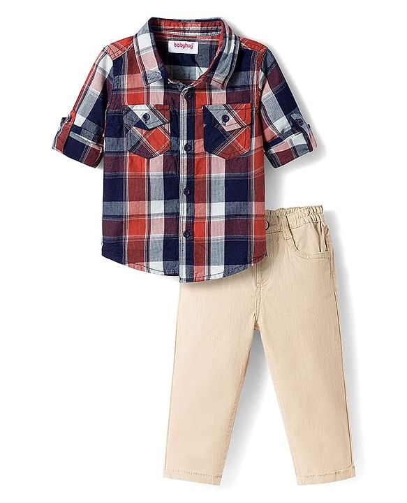 Babyhug Cotton Woven Full Sleeves Checkered Shirt & Trouser Set - Beige