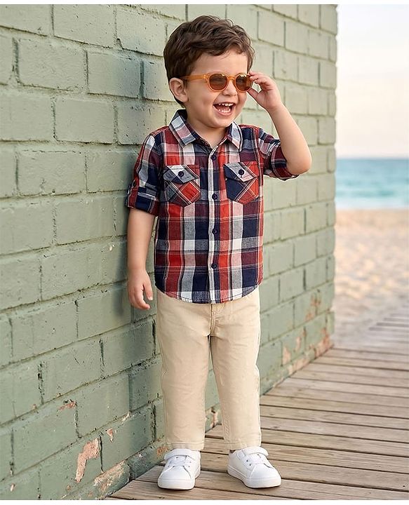 Babyhug Cotton Woven Full Sleeves Checkered Shirt & Trouser Set - Beige