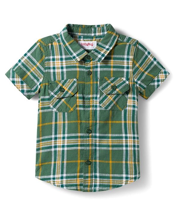 Babyhug 100% Cotton Woven Half Sleeves Checks Shirt & Shorts Set - Green & Khaki