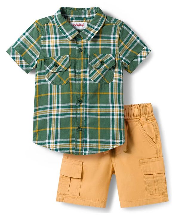 Babyhug 100% Cotton Woven Half Sleeves Checks Shirt & Shorts Set - Green & Khaki