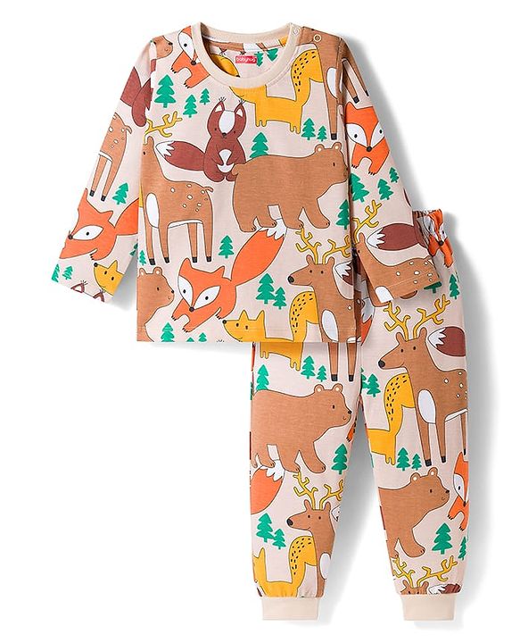 Babyhug Cotton Knit Full Sleeves Co-ords Night Suit with Jungle Theme Print - Brown