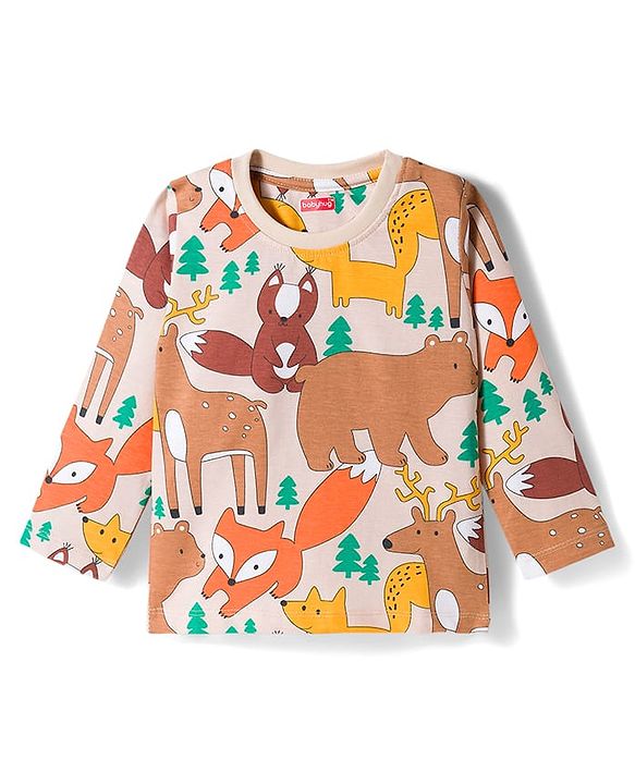 Babyhug Cotton Knit Full Sleeves Co-ords Night Suit with Jungle Theme Print - Brown