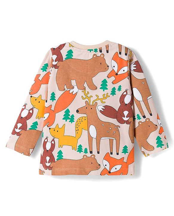 Babyhug Cotton Knit Full Sleeves Co-ords Night Suit with Jungle Theme Print - Brown