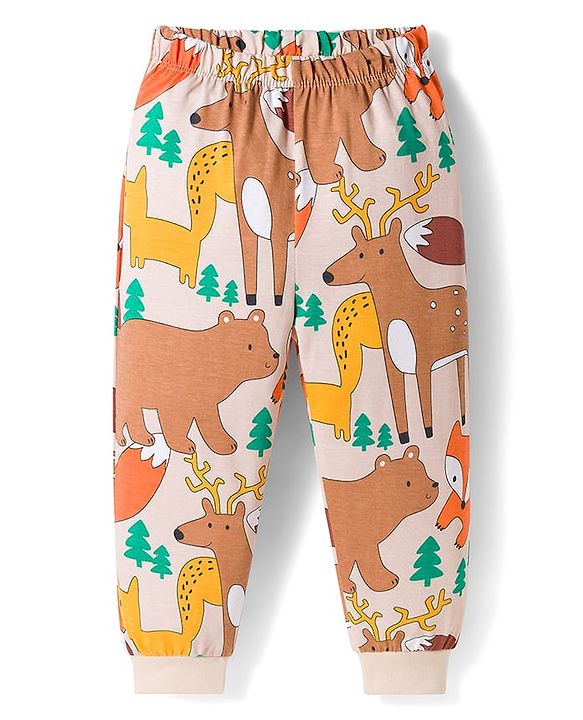 Babyhug Cotton Knit Full Sleeves Co-ords Night Suit with Jungle Theme Print - Brown