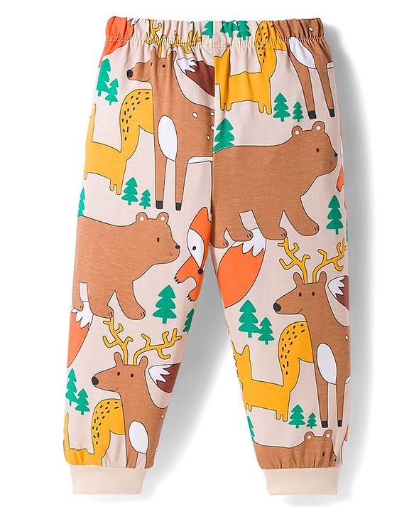 Babyhug Cotton Knit Full Sleeves Co-ords Night Suit with Jungle Theme Print - Brown