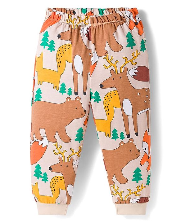 Babyhug Cotton Knit Full Sleeves Co-ords Night Suit with Jungle Theme Print - Brown