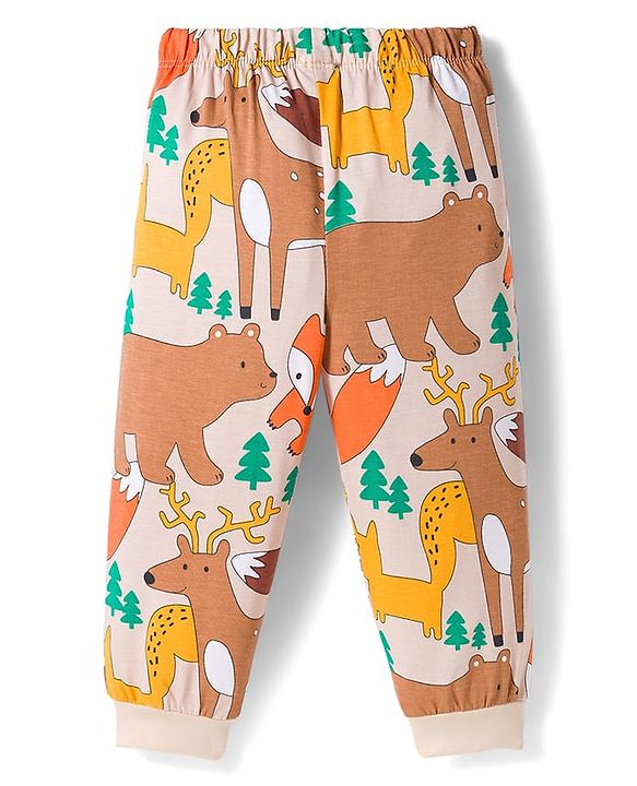 Babyhug Cotton Knit Full Sleeves Co-ords Night Suit with Jungle Theme Print - Brown
