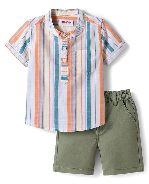 Babyhug Cotton Knit Half Sleeves Striped Shirt & Shorts Set - Multicolor
