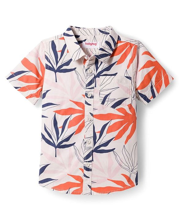 Babyhug Cotton Woven Half Sleeves Shirt & Shorts Set with Tropical Theme Print - Rust Orange & White