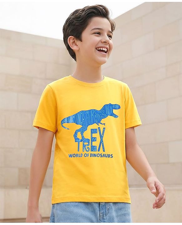 Pine Kids Cotton Knit Half Sleeves T-Shirt with Dino Graphic - Yellow