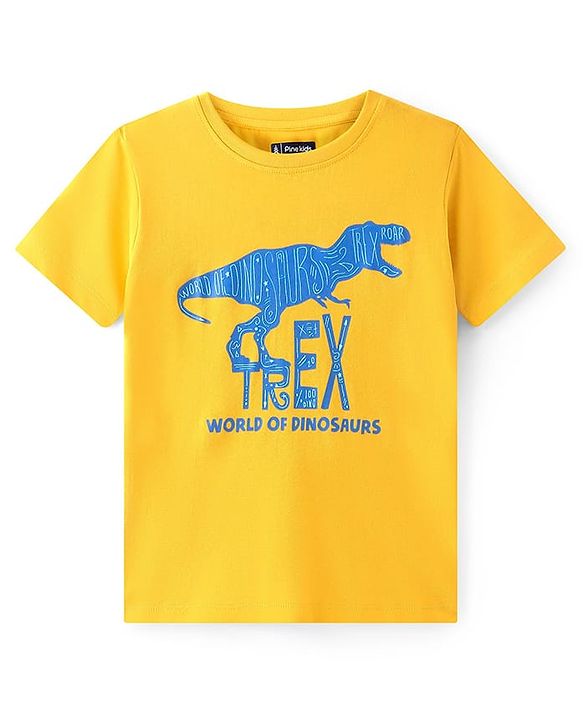 Pine Kids Cotton Knit Half Sleeves T-Shirt with Dino Graphic - Yellow