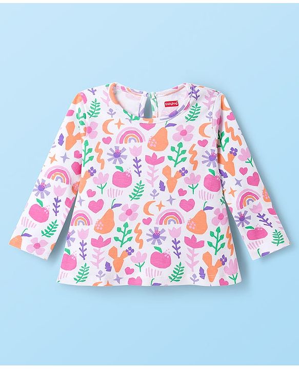 Babyhug 100% Cotton Knit Full Sleeves T-Shirt with Tropical Theme Print - White